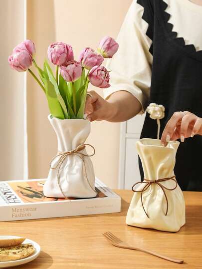 1PC Boho Farmho Linen Inspired Ceramic Like Plastic Vase Textured Surface, Home Centerpiece Wedding Ho warming Unisex Rustic Tabletop ation Room Flower Glass view 11