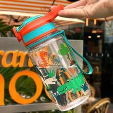 1pc 600ml/20oz Cute Durable Cartoon Animal Printed Plastic Water Bottle, Portable For Outdoor Camping, With Straw, Lid, Spill-Proof, Carrying Rope Handle, Perfect Gift For Outdoor, Sports, School, Picnic, Hiking, Holiday, Birthday - Multicolor - View 5