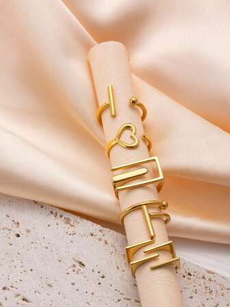 4/5pcs Set Fashionable Minimalist Stainless Steel Gold-Plated Women's Ring Set, Geometric Line Element, Suitable For Women's Daily Matching, Holiday Dates, Gifts And Jewelry