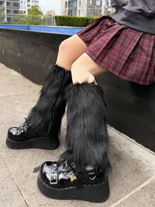 1 Pair Black Solid Color Fuzzy Faux Fur Leg Warmers, Y2K Style, All Seasons