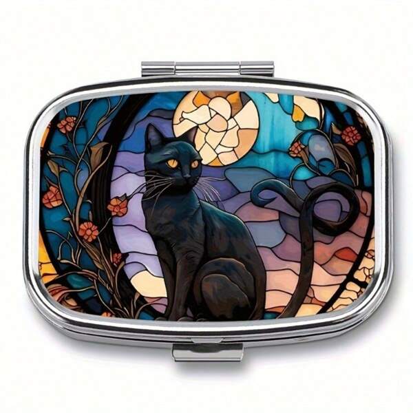 1pc Moon Cat Pill Box, 2 Compartment Medicine Pill Case, Compartment Portable Medicine Case, Portable Pill Box, For Pocket Or Purse Pill Box, Decorative Metal Medicine Vitamin Organizer, For Pockets Purses Travel Unique Gift
