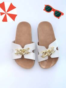 New Fashion Chain Slip-On Flat Sandals, Casual Versatile Strap Slides Suitable For Daily Wear