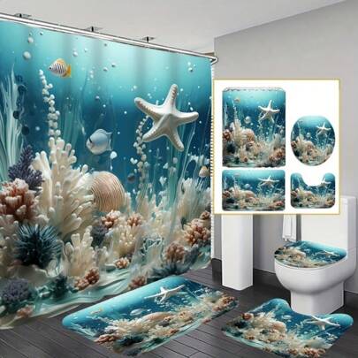 1/3/4 Pcs Starfish Bathroom Set, Creative Decorative Bathroom Set Including Waterproof Shower Curtain, Non-Slip Mat, Toilet Lid Cover, Bath Mat And 12 Plastic Hooks, Bathroom Accessories, Suitable For Bathroom Decor, Shower Decor And Home Decor, Bathroom Curtain Shower Set, Daily Decoration