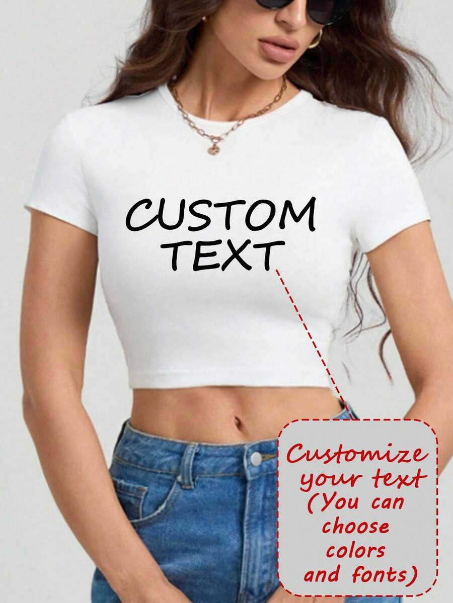 Kaos Crop Top Wanita yang Dapat Disesuaikan, Tambahkan Teks Anda Sendiri (Motto/Kata-kata yang Dipersonalisasi/Nama/Angka/Frasa Pendek, Dll.) Olahraga - Putih - View 1