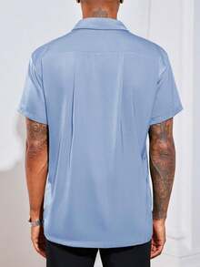 Runcati Mens Luxury Satin Silk Dress Shirts Casual Button Down Short Sleeve Prom Party Wedding Shirt - 藍色 - 查看 2