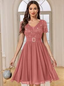 MIUSOL Vestido de fiesta acampanado de gasa con cuello en V profundo, encaje floral con lentejuelas y bajo plisado, para fiesta de graduación, boda, evento - Rosa vieja - Ver 1