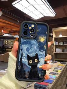 1 件星空黑猫设计喷砂防摔相机保护手机壳适用于 Apple 16/16e、Redmi、Infinix、Vivo 梵高风格防水防震防刮