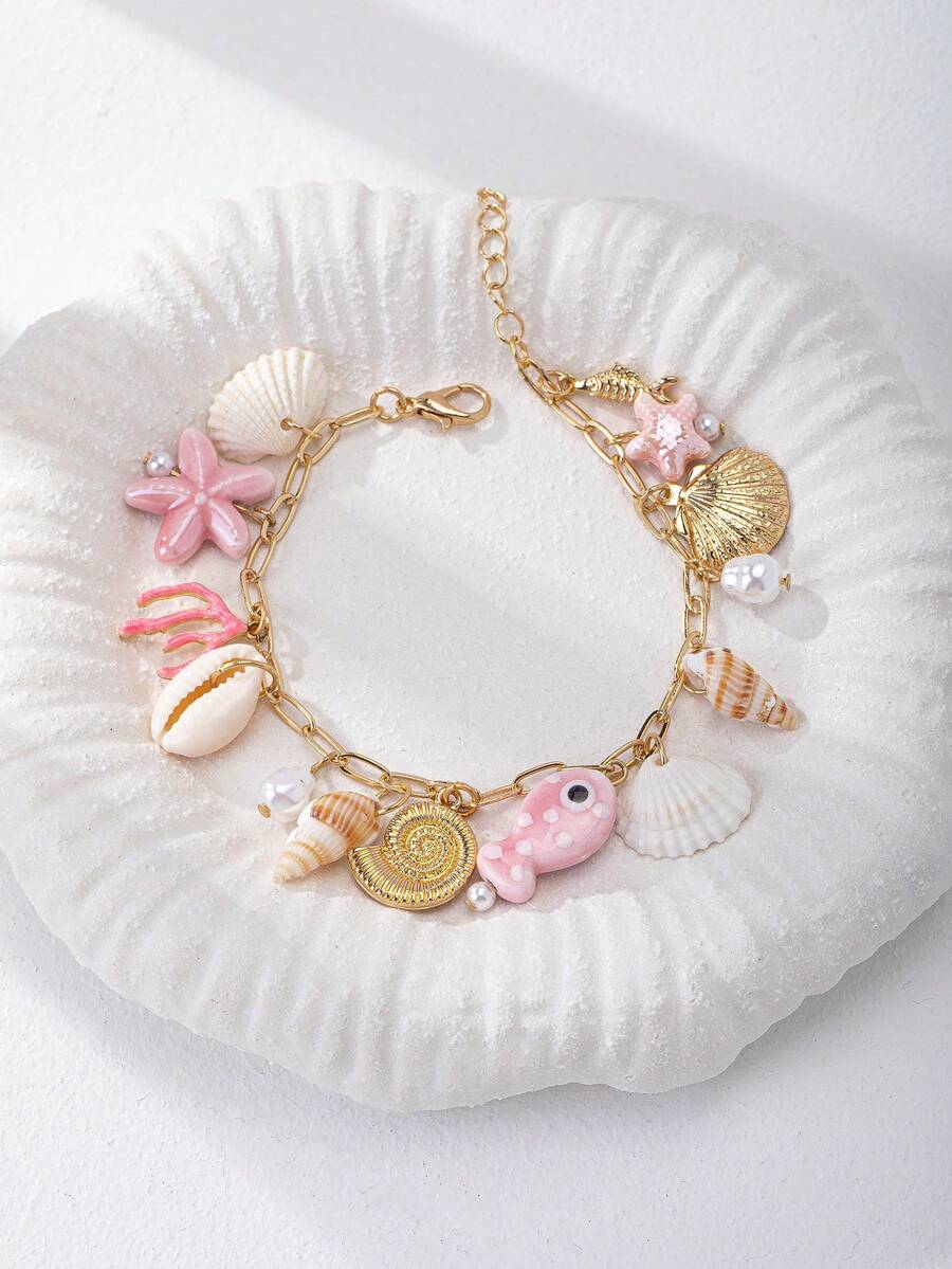 1 Stück Seestern, Muschel, Sardinen Charm Dekor Armband, Frauen Sommer Strand Schmuck, Geschenk für sie - Verschiedenfarbig - Übersicht 1