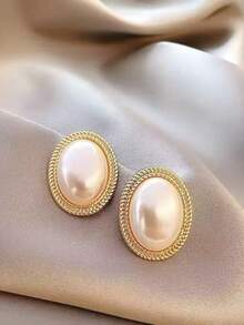 1 对时尚巴洛克珍珠耳环，经典欧式风格，简约韩式设计，百搭耳环 - 金黃色 - 查看 2