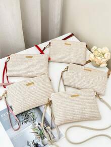 1pc Women's Mini Fashionable Straw Woven Shoulder Crossbody Bag, Casual Versatile Small Square Handbag Clutch With Zipper Closure, 2 Strap Options, Gift/Street/Holiday - Beige - View 2