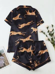 Conjunto de pijama de shorts y blusa de manga corta con estampado de leopardo para mujer