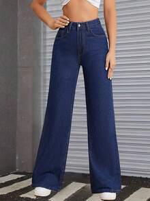 Jeans de pierna ancha de ajuste relajado de cintura alta para mujer, tela mezcla de poliéster y viscosa, estilo urbano, lavable a máquina, largo, uso para las cuatro estaciones - Azul - Ver 4