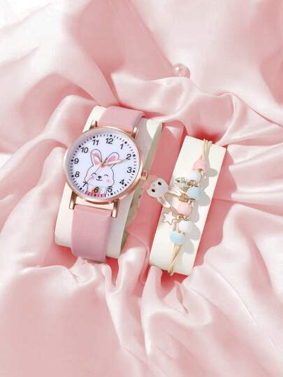 2/1 Pc Of Cute Girl Cartoon Rabbit Dial Quartz Watch, Rabbit Pendant Bracelet, Party Outfit, Thanksgiving, Back-To-School Season, Graduation Season, Vacation Outfit, Essential For Travel, Buy Gifts To Give To Friends And Relatives,Give The Girl Aperfect Gift