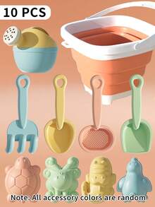 1/3/10件沙滩玩具套装，包括折叠桶、海洋动物沙模、喷壶、耙子、铲子，适合户外玩沙玩水，儿童男孩女孩（配件颜色随机）