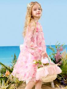 ASK JUNIOR 少女碎花荷叶边网纱连衣裙，休闲公主风