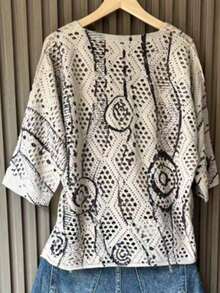 女士 3D 绘画镂空 V 领宽松休闲针织毛衣