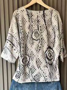 Women's 3D Painting Hollow V-Neck Loose Casual Knit Sweater
