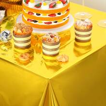 1pc Metallic Foil Disposable Tablecloth, Shiny Solid Color, For Birthday Party Decoration - Gold - View 6
