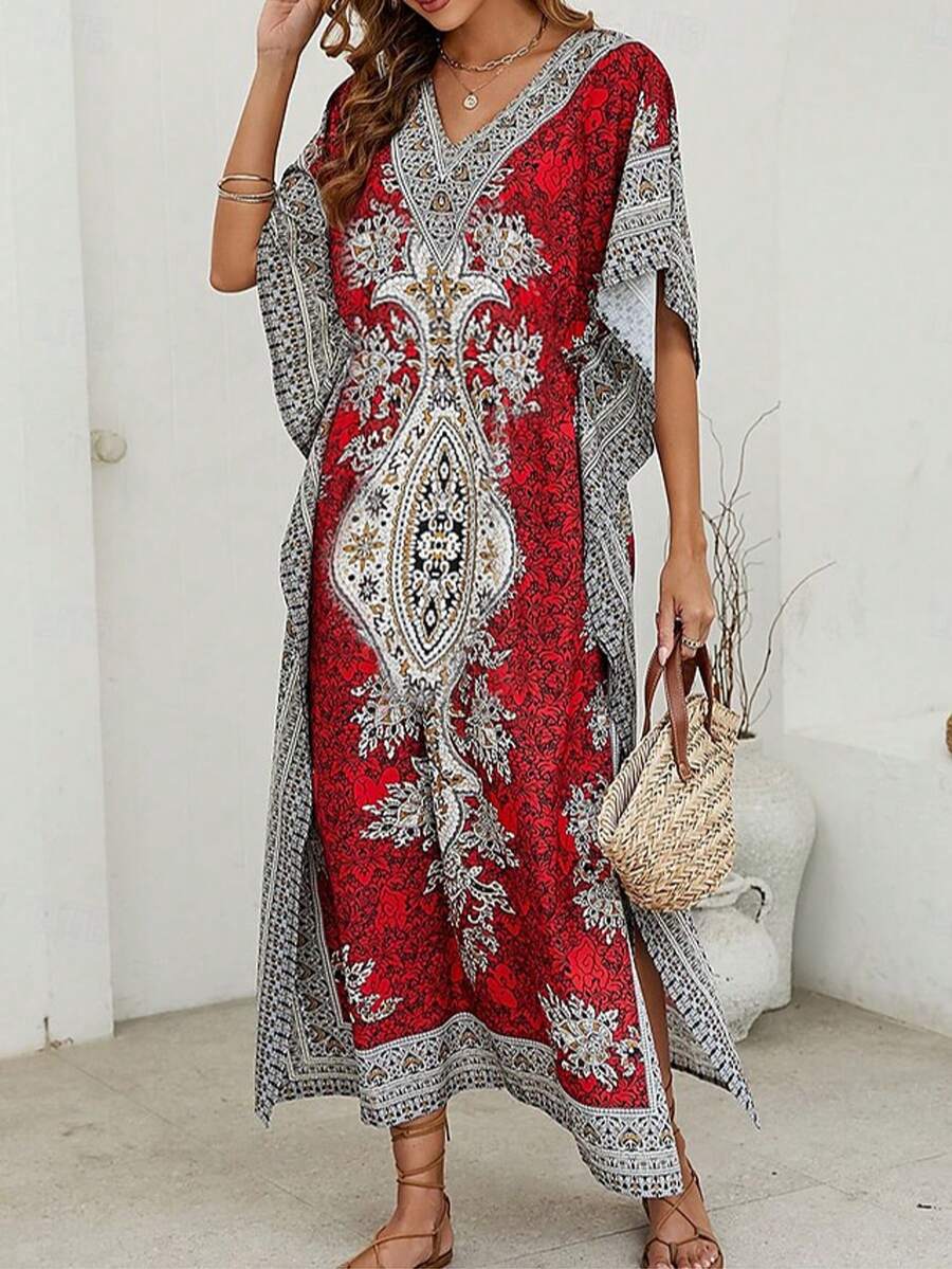 Women Kimono Tunic Kaftan Long Dress Party Dress For Casual Holiday Night Beach - Red - View 1