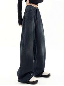 Jeans For Women Wide Leg Baggy Jeans High Waist Y2K Cargo Pants Casual Loose Boyfriends Trousers Vintage Streetwear - 深色水洗藍 - 查看 3