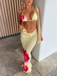 Set bikini con stampa floreale in stile boho con scollo alla halter, set da 3 pezzi con pareo abbinato, per l estates e le vacanze al mare