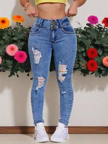 Chicsale Women's Ripped Skinny Mom Jeans - High Waisted Tummy Control Ankle Pants | Stretch Distressed Denim With Butt Lift Tech | Sexy Comfort Fit - 淺色水洗藍 - 查看 2