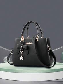 1 件女士纯色手提包，颜色：勃艮第红、安科拉红、波尔多红、宝石红、栗色、深红色、樱桃红、黑色、蓝色、灰色，采用 PU 材质，配有蝴蝶结星星吊坠，适合日常休闲、购物、旅行、商务通勤、书包套装、便携、经典休闲、商务休闲、适合少女、女大学生、白领、大学、适合办公室、小学、送给母亲或长辈的礼物、最佳母亲节女士礼物 - 彩色 - 查看 6