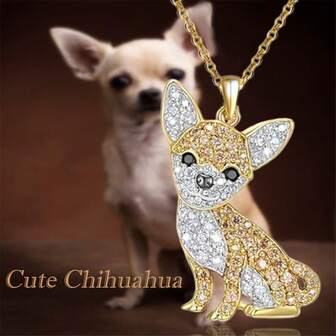1 件华丽金色吉娃娃锌合金吊坠项链，闪亮水钻首饰配饰 - 情人节、圣诞节、生日、周年纪念日送给爱狗人士的完美礼物
