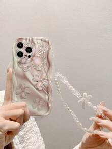 Shockproof Floral Cream Pattern Wave Edge Print Protective Phone Case With Chain Accessories Compatible With IPhone Smartphones Spring Gift Anniversary Gift,International Version, Not The Domestic Version - Multicolor - View 6
