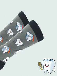 1 双男女款卡通趣味牙齿淋浴图案中筒袜，适合春、夏、秋季日常、运动和派对穿着 - 彩色 - 查看 3