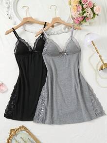 2pcs Lace Patchwork Bow Decor Romantic Side Slit Cami Nightgown - Multicolor - View 10