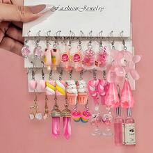 Juego combinado de 5-20 pares de nuevos pendientes colgantes de resina en rosa con diseños de ositos, mariposas, corazones, tazas/botellas - resina sintética - Ver 4