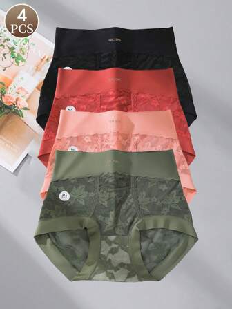 4pcs Mature & Elegant Jacquard Knitted High-Waist Ladies' Briefs