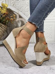 Women's New Summer Suede Thick Bottom Wedge High Heel Open Toe Sandals, Hollow Peep-Toe Zipper Closure High Heel Sandals - Apricot - View 5