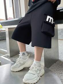 1pc Young Boy Black Lightweight 3/4 Pants With Functional Side Pockets - Black - View 3