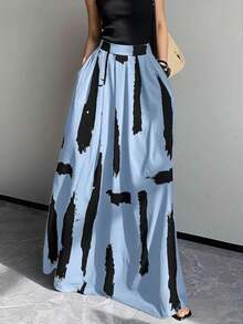 EARO 女士休闲宽松艺术水墨印花修身半身裙 - 天藍 - 查看 3