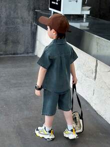 2pcs/Set Boys Kids Summer Denim Short Sleeve Shirt And Shorts Outfit