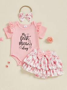 Conjuntos de pantalones cortos de verano para niñas pequeñas, mono con estampado de letras y lazo, pantalones cortos de PP con diadema - Rosa - Ver 6
