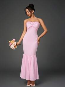 PARTHEA Backless Smocking Tube Ruffles Trim Bodycon Ruched Elegant Formal Evening Gowns(Zipper,Sexy), Party Dress, For Cocktail - Pink - View 1