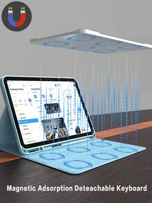 适用于 iPad 5/6/7/8/9/10、Pro 11、Air 1/2/3/4/5/6 的无线键盘鼠标套装，包含可拆卸无线键盘（150mAh 电池）和带笔槽的保护套 - 浅蓝色