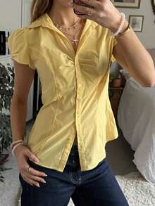 Women Y2k Coquette Button Down Shirt Cute Preppy Cap Sleeve V Neck Slim Fit Slim Fit Ruched T Shirt Polo V Neck Summer Crop Top Casual 90s Vintage Blouse Fairy Grunge Aesthetic Clothes Streetwear - 黃色 - 查看 3
