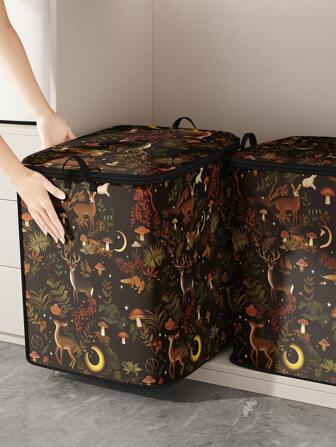 1pc/2pcs Large Capacity Deer & Mushroom Pattern Storage Bag With Cover, Wardrobe Organizer Bin, Foldable Clothes/Blanket Storage Box, Zipper Closure Storage Container For Clothing, Blankets, Sundries