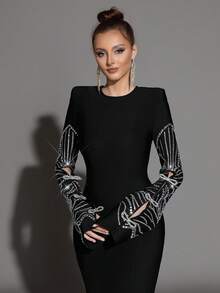 Modphy New Luxury Sparkling Diamond Decor Black Round Neck Long Sleeve Hollow Bow Elegant Bandage Dress, Formal Gown For Wedding Guest, Party, Eid Celebration