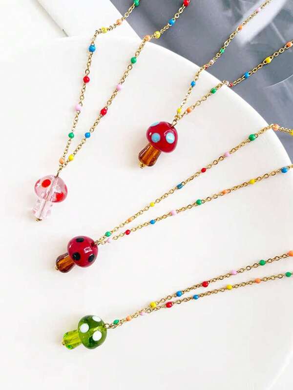 1 Pc Summer Cute Glass Mushroom Bead Colorful Stainless Steel Chian Pendant Short Necklace For Women Daily Wear