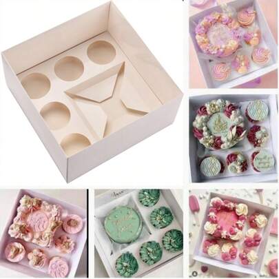 1/5 Paquetes Caja bento, caja para cupcakes y pasteles, 5 cavidades para cupcakes y 1 ranura para pasteles, con tapa transparente, suministros de hornear cupcakes y pasteles, golosinas, rosquillas y talla grande