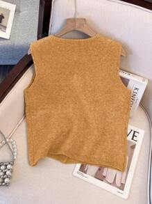 1 pezzo Canotta in maglia a tinta unita dal design semplice, con un unico bottone in metallo, scollo tondo, versatile e alla moda cardigan gilet in maglia per donna, adatto per la primavera/estate