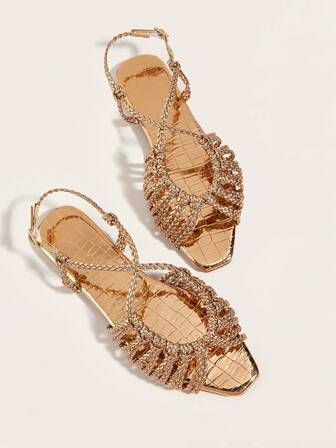 手工编织带编织设计女士平底凉鞋，香槟色，时尚休闲，石材纹理随机