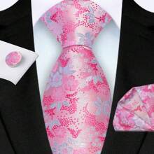 3 Piece Set: 8cm Floral & Patterned Necktie, Handkerchief, And Cufflinks Men's Necktie Set, High Quality Classic Business & Casual Tie Set, Men's Wedding Accessories, Family, Christmas, Party Gift