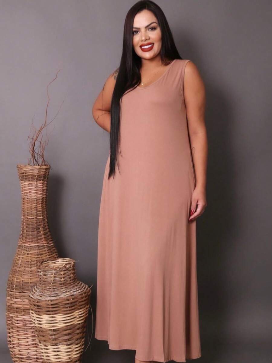 Women's Plus Size Tank Top Dress With Pocket. - 米色 - 查看 1