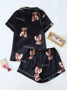 Set pigiama donna di pantaloncini e camicia a maniche corte in popeline a stampa orsetto